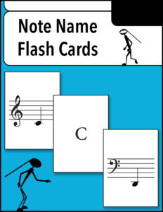 Note Name Flash Cards title, flash card with a treble clef C, flash card with letter C, flash card with bass clef D